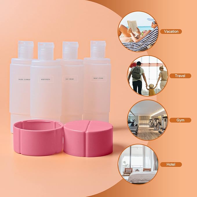 Travel Bottle, TSA approved 4-in-1 Leak-Proof Bottle, 4 * 60ml/2oz, with 2 Pre-printed Labels for Travel Gym Camping, Carry-On Travel Size Toiletries Shampoo Lotion Bottle(Pink+Orange+Blue+Purple)