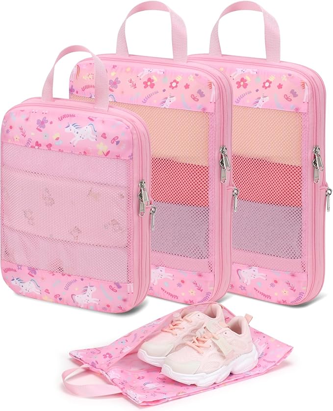 Kids Compression Packing Cubes, 4 Piece Set for Carry On Suitcase, Water Resistant Travel Luggage Organizers with Shoe Bag, Toddler Backpack Essentials (Pink Unicorn)