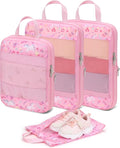 Kids Compression Packing Cubes, 4 Piece Set for Carry On Suitcase, Water Resistant Travel Luggage Organizers with Shoe Bag, Toddler Backpack Essentials (Pink Unicorn)