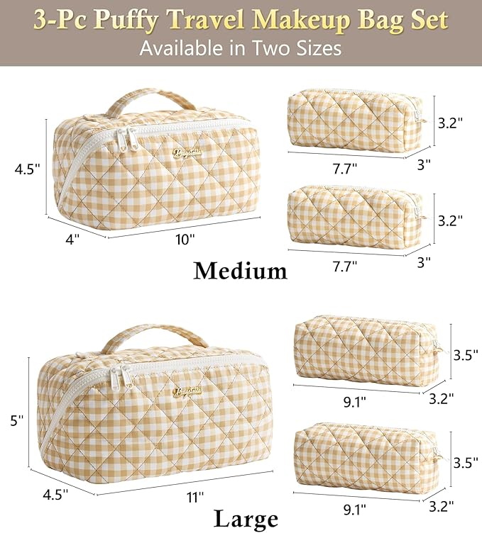 Travel Makeup Bag, 3 Pcs Large Capacity Puffy Toiletry Bag for Women, Open Flat Make up Cosmetic Organizer w/Handle & Clear Divider Water-resistant Portable Pouch Travel Essentials, M-Beige Plaid