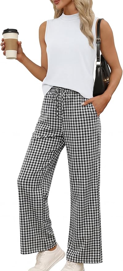 WIHOLL Two Piece Set for Women Summer Spring Outfits Cruise Travel Airport Beach Vacation Mock Neck Wide Leg Pants Set