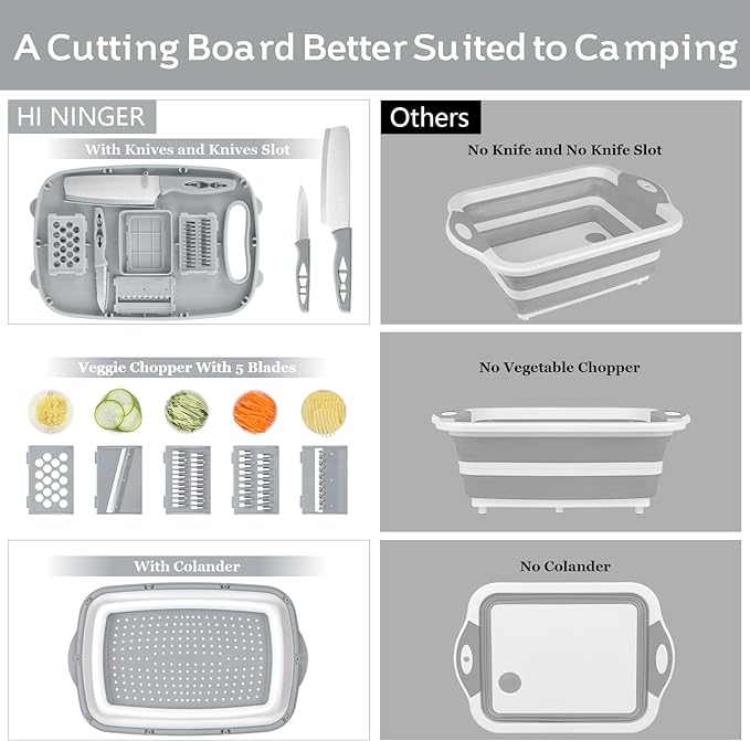 HI NINGER Collapsible Cutting Board with Colander, 9-In-1 Multi Chopping Board Kitchen Vegetable Washing Basket for Camping Gifts Camping Accessories for RV Campers