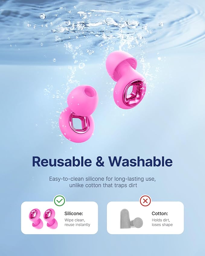 Ear Plugs for Sleeping Noise Cancelling, 45dB Reusable Earplugs for Noise Reduction, Hearing Protection Ear Plugs with 8 Ear Tips, Soft Silicone Earplugs for Sleep, Concerts, Snoring, Study (Pink)