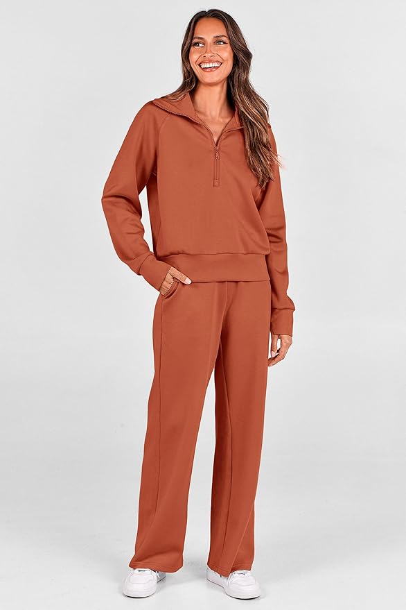 PRETTYGARDEN Women's 2 Piece Outfits Casual Lapel Half Zip Sweatshirts and Wide Leg Pants Tracksuit Sets