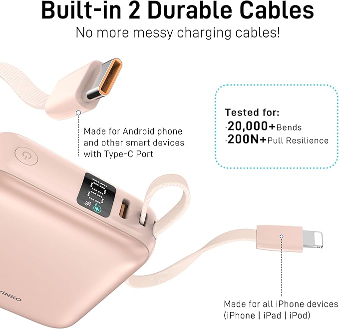 VINKO 10000mAh Power Bank Built-in Cables, Fast Charging with LED Display, Small Travel Battery Pack with Cords, Airplane Travel Essentials,Portable Phone Charger for iPhone 17 Smart Devcies(Pink)