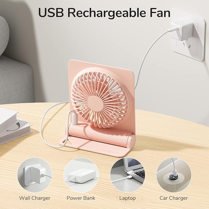 JISULIFE Small Desk Fan, Portable USB Rechargeable Fan, 160° Tilt Folding Personal Mini Fan with 4500mAh Battery, Strong Wind, Ultra Quiet, 4 Speed Modes for Office, Home, Camping - Pink