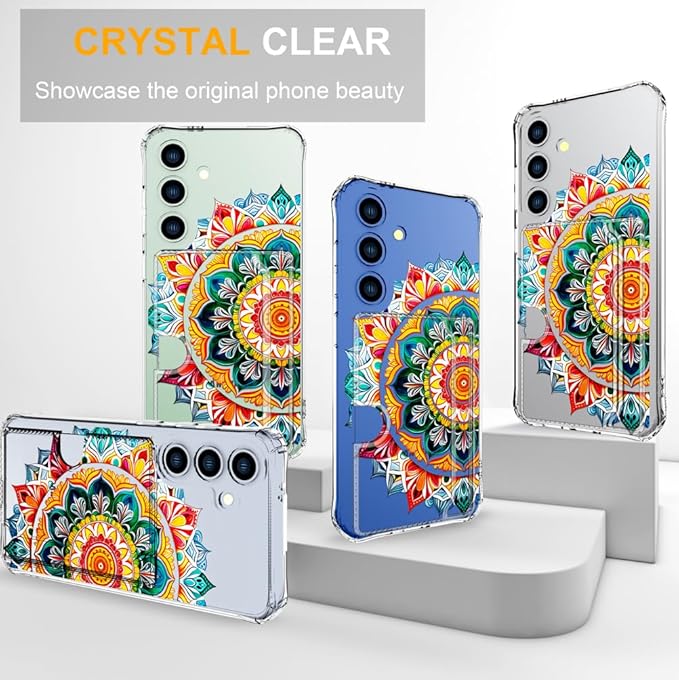 Compatible with Samsung Galaxy S24+ Plus / S25+ Plus Case Card Holder for Women Cute Design,Wallet Phone Cases Transparent Cool Kawaii Protective (Clear Mandala Henna Flower)