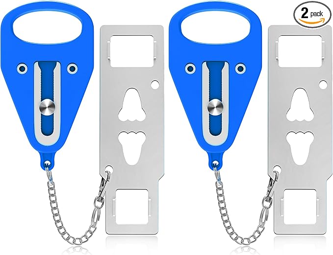 Portable Travel Door Lock Blue of 2 Pieces, Door Lockdown Securing Doors from Inside, Simple Effective Reliable for Hotel and Apartment Doors, Suitable for Family Trip