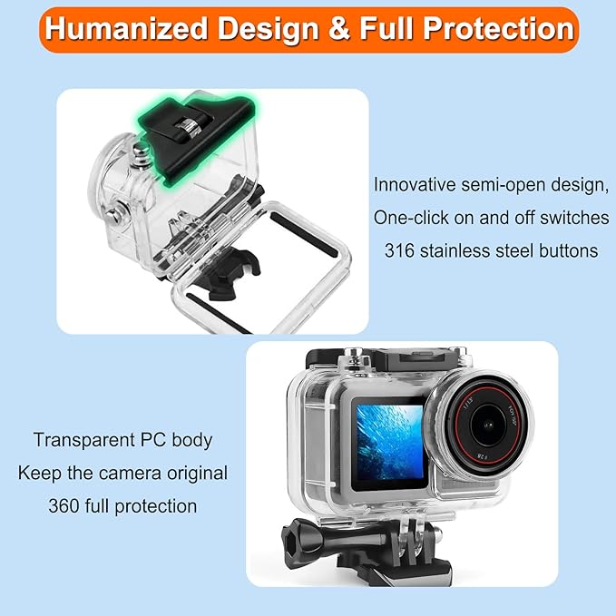 BO&DQQ Underwater Waterproof Case Compatible with DJI Osmo Action 5 Pro/Action 4/Action 3, 164FT/50M Dive Diving Housing Cover Shell with Anti-Fog Inserts Accessories