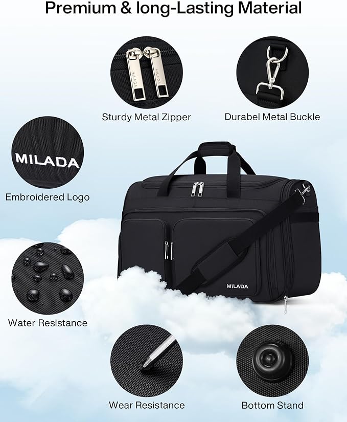 MILADA Carry On Luggage Bags for Travel Lightweight Personal Item Travel Bag Foldable Large Duffle Bag for Travel Tote Overnight Bags for Women Mens Weekender Bags, Black