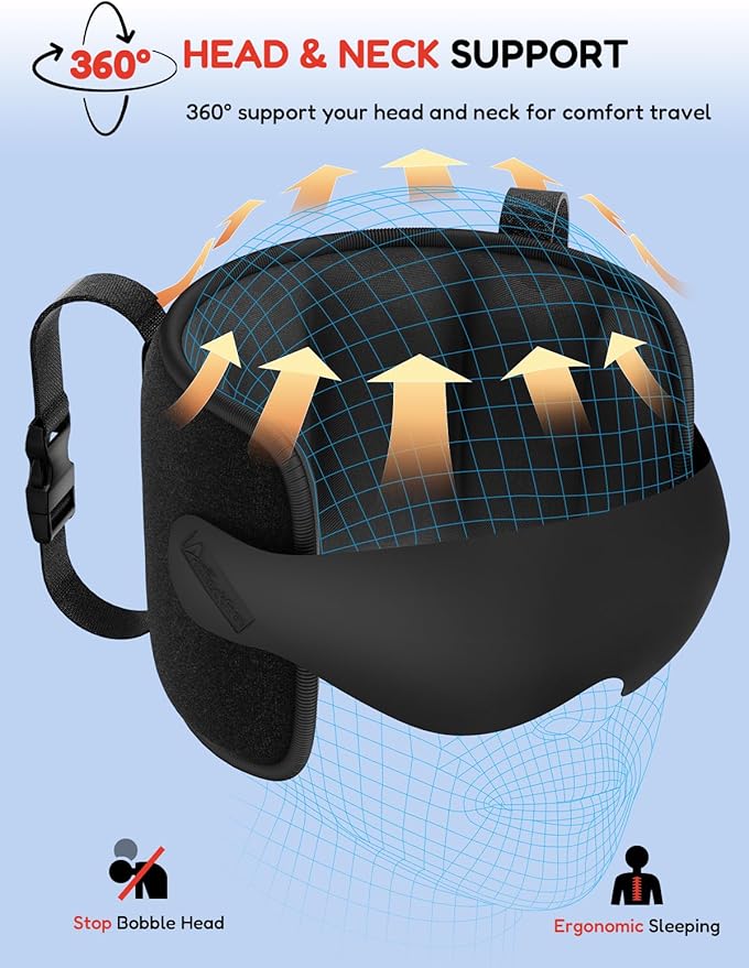 Travel Pillow for Airplane, Travel Pillow with Seat Strap and 3D Eye Mask to Firm Head, 360°Support Headrest No Bobblehead, Travel Essentials for Long Flight,Car Road Trip,Mottled Red
