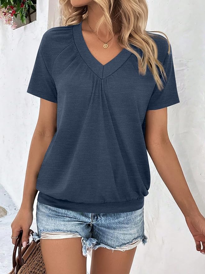 AUTOMET Womens Tops Short Sleeve V Neck T Shirts 2026 Summer Spring Beach Vacation Clothes Casual Loose Ruched Top
