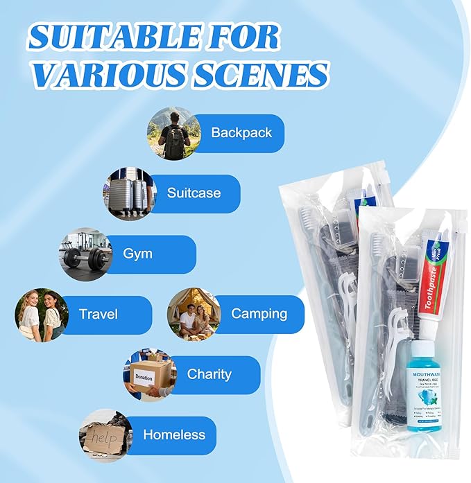 Travel Toothbrush Kit Bulk, Hygiene Kit Bulk with Toothbrush Toothpaste Set, Floss Picks, Comb, Travel Mouthwash, Toothbrush Cover, Individually Packaged, for Travel, Hotels (30-Pack)