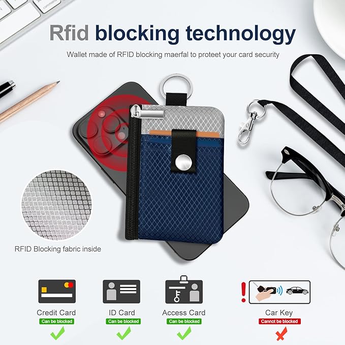 Minimalist RFID Blocking Small Wallet with ID Window,WaterResistant Zip Id Case Wallet with Lanyard Keychain for Cards,Cash,Travel,Women,Men (Dark Blue/Light Gray)