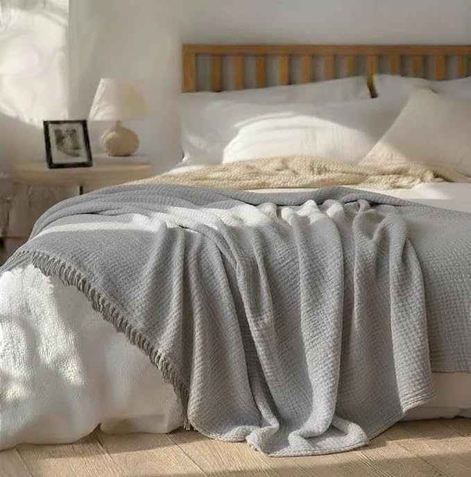 KyraHome Pre-Washed 100% Organic Cotton Blanket 90"x90" Queen Muslin Blankets for Adults, Bed, Plant Dyed, Lightweight Breathable Gauze Summer Bedspread, Coverlet, All Season, Light Grey