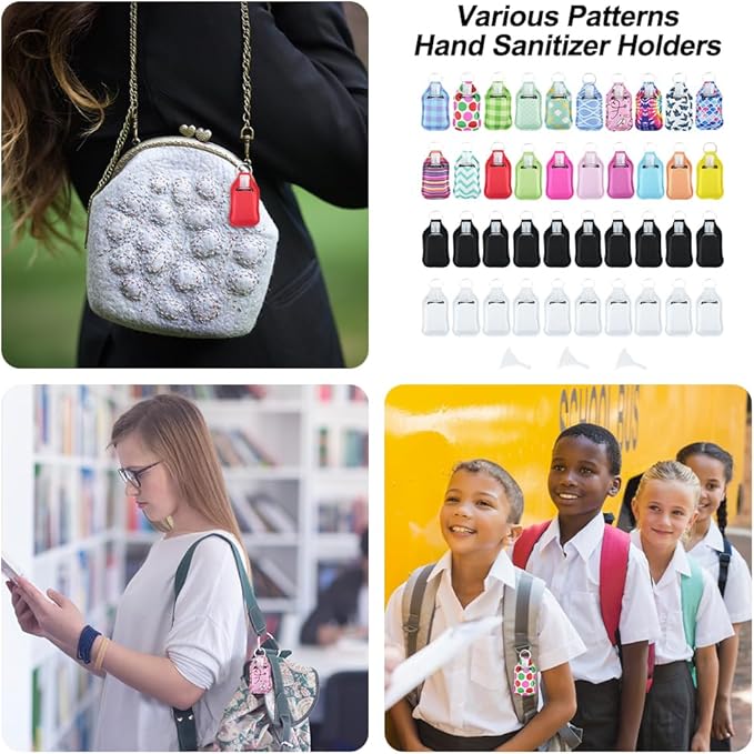 83Pcs Hand Sanitizer Holder Set, 40 Pcs Hand Sanitizer Holder Keychains & 40 Reusable Flip Cap Travel Bottles (30ml/1oz), 3 Funnels, For Travel, Vacation, Camping, Picnic, Party, Home, Office