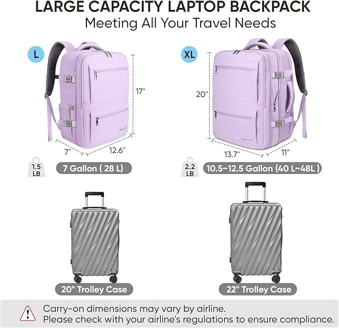 BALEINE Travel Backpack for Women Men, Large Sturdy Carry On Laptop Backpack Gifts for Business, Casual, Weekender, Hiking (Large, Lavender)