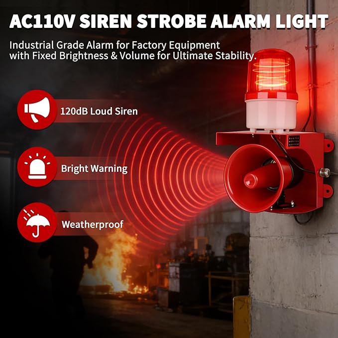 AC110V Industrial Siren Alarm Strobe Light-120dB Loud Horn&Red Beacon Warning Light,Waterproof Indoor/Outdoor Safety Alarm for Emergency,Factory,Office,Fires,Tornado,Intruders,Animal Deterrent