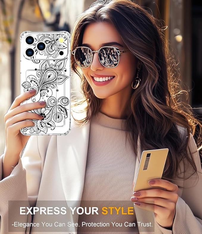 Compatible with iPhone 17 Pro Max Case Card Holder for Women Cute Design,Wallet Phone Cases Transparent Cool Kawaii Protective (Clear Black Henna Flower)
