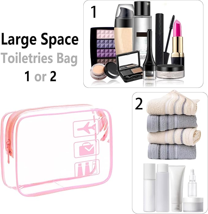 3Pcs TSA Approved Toiletry Bag - Carry on Airport Airline Compliant Bag,3 Pack Clear Travel Bags for Toiletries,Clear Makeup Bags Toiletry bags Quart Size Travel Bag, Pink