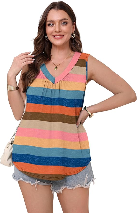 OFEEFAN Tank Top for Women Loose Fit Sleeveless Shirts V Neck Summer Clothes Ruched Women's Tees and Tanks Curved Hem
