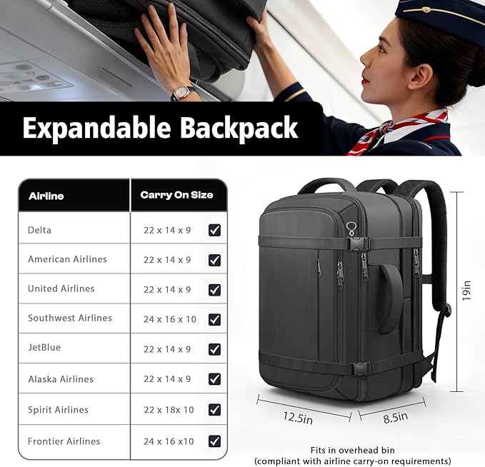 Ample Space Travel Backpack with LifetimeWarranty,Expandable Carry on Backpack with USB Cable Port,Fits 17.3"Laptop Notebook,Water Resistant Weekender Backpack Business Trips,Daily Travel,Black