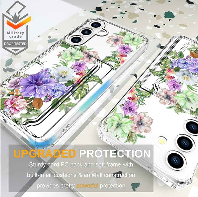 Compatible with Samsung Galaxy S24+ Plus / S25+ Plus Case Card Holder for Women Cute Design,Wallet Phone Cases Transparent Cool Kawaii Protective (Clear Impressive Flowers)