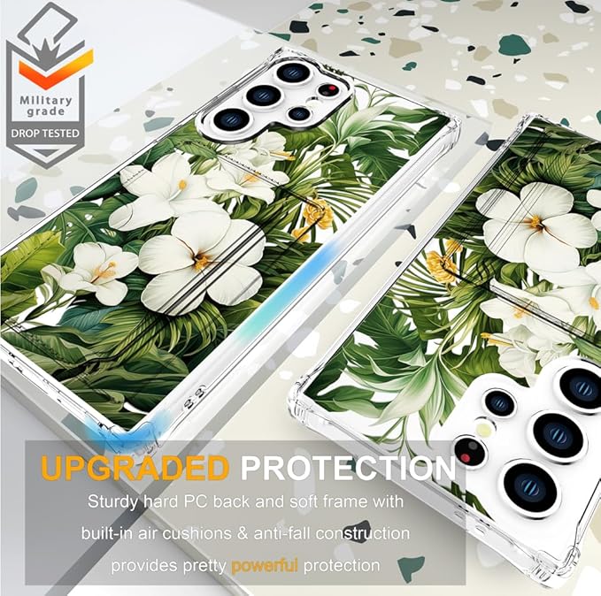 Compatible with Samsung Galaxy S24 Ultra Case Card Holder for Women Cute Design,Wallet Phone Cases Transparent Cool Kawaii Protective (Clear Green Flowers Tropical Jungle)