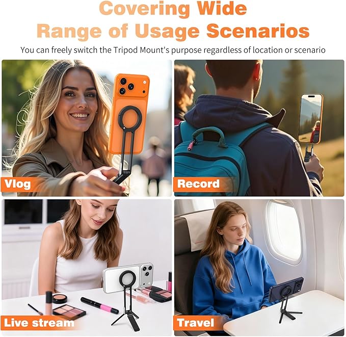 Jiunai compatible with MagSafe Tripod Stand Adjustable Magnetic Alloy Phone Carabiner Phone Holder Tripod for iPhone 17 Pro Max 16 15 14 Phone Stand for Vlog Gym Airplane Travel Essentials Accessories