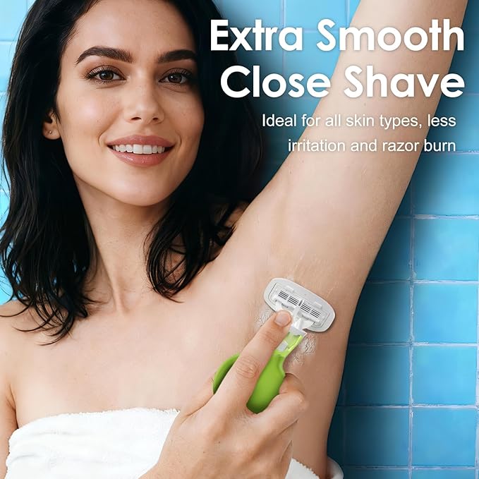 Travel Essentials Razors for Women, 5-Blade Womens Razors for Shaving, Travel Size Toiletries Women Razor Kit, Includes 1 Mini Handle with 3 Refills & 1 Case, Extra Smooth Shave (Grass Green)