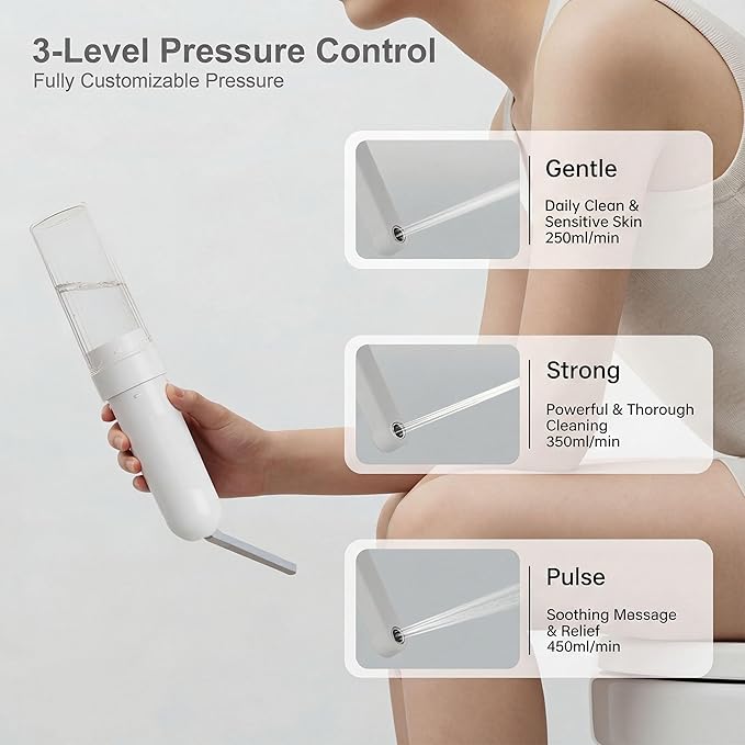 Electric Portable Bidet – Rechargeable Travel Bidet for Women Postpartum Care & Personal Hygiene | with 3 Pressure Modes for Home Travel & Camping (White)
