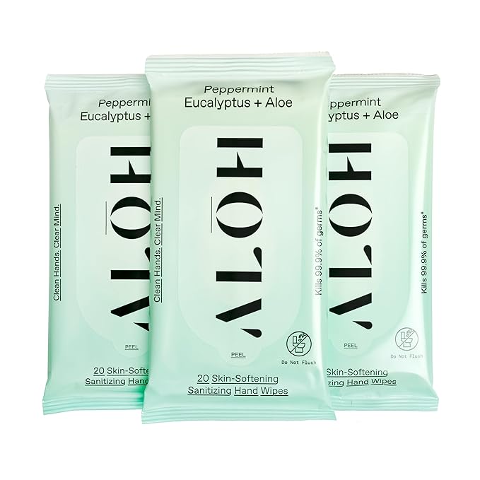 ALŌH Peppermint Eucalyptus + Aloe Sanitizing Hand Wipes - Clean Hands, Clear Mind On The Go Sanitizer for Kids and Adults - Travel Size 3 Pack 20ct Wipes (60 Wipes)