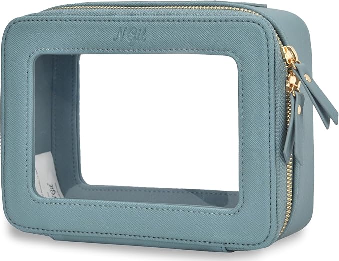 NGIL Clear Faux Leather Travel Toiletry Bag, Makeup Bag Organizer for Women, Clear Window & Gold Zipper Makeup Bag, Road Trip Essential, Skincare, Cruise Ship Essentials (Blue)
