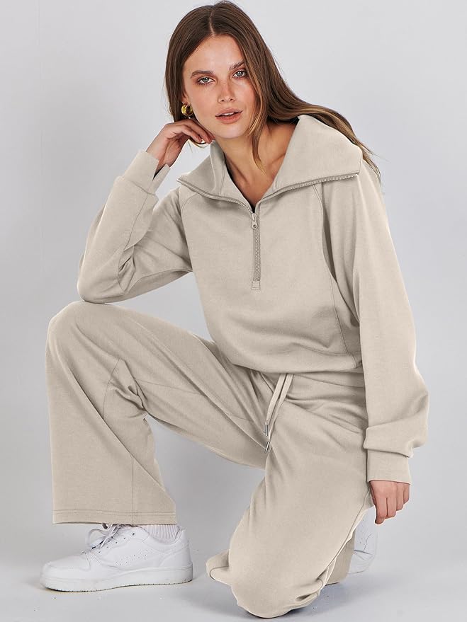 ANRABESS Women 2 Piece Outfits 2025 Fall Fashion Airport Wide Leg Pants Lounge Set Leisure Travel Vacation Clothes Sweatsuits