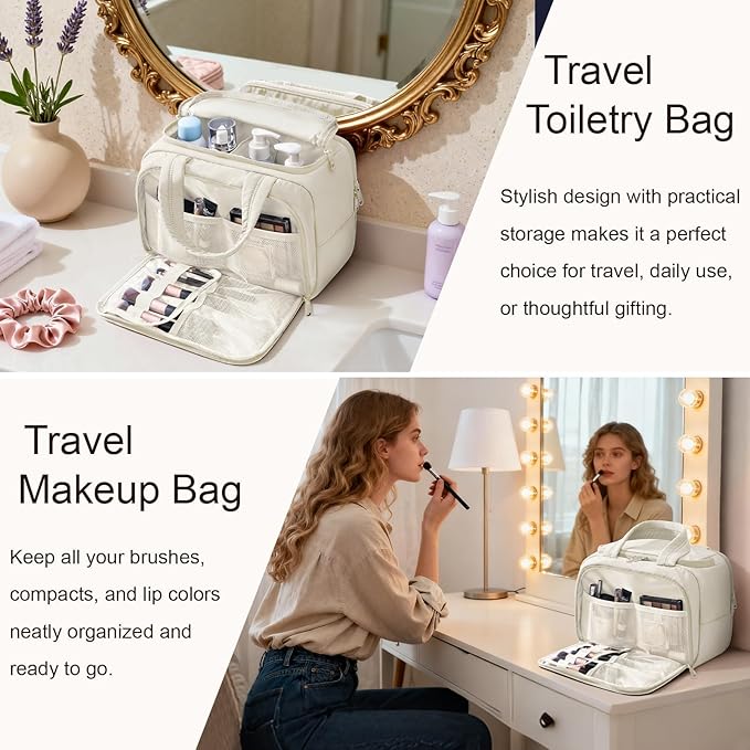 Bagstellar Travel Toiletry Bag for Women, Lightweight Large Quilted Puffy Makeup Bag Wide-open Make up Organizer Cloud Cosmetic Bag w/Handle for Traveling Toiletries, Essentials, Accessories, Beige