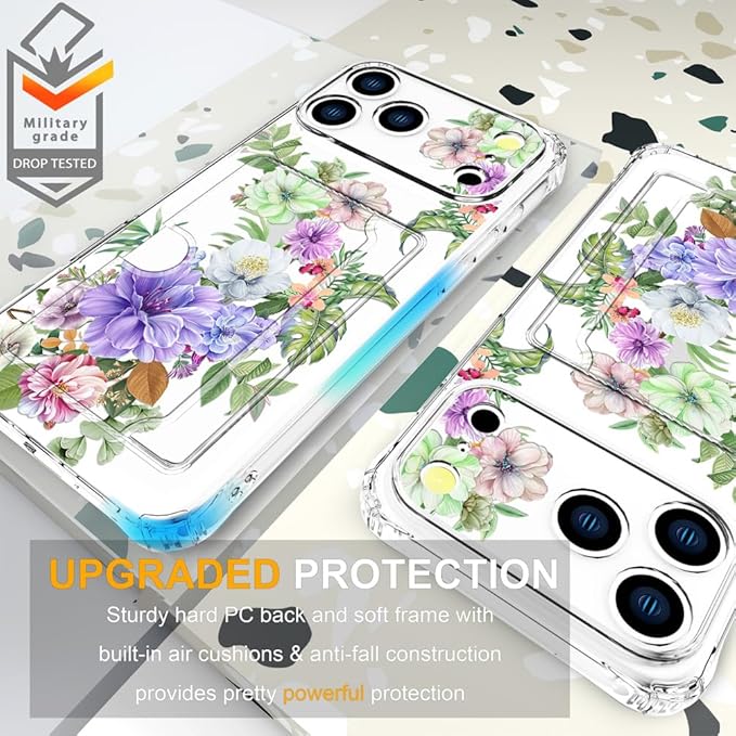 Compatible with iPhone 17 Pro Max Case Card Holder for Women Cute Design,Wallet Phone Cases Transparent Cool Kawaii Protective (Clear Impressive Flowers)