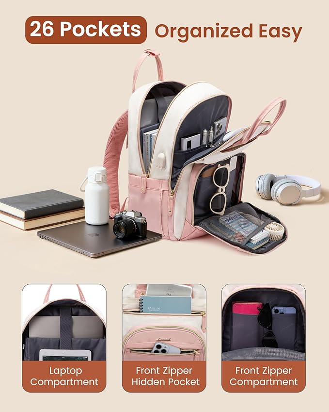 LOVEVOOK Backpack for Women,Laptop Backpack Women,Fits 15.6 Inch Laptop Bag,School Backpacks,Fashion Travel Work Anti-theft Bag,Waterproof Business Computer College Backpack Purse,Beige-Pink-Pink