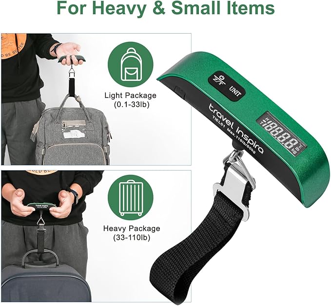 travel inspira Luggage Scale, Portable Digital Hanging Baggage Scale for Travel, Suitcase Weight Scale with Rubber Paint, 110 Pounds, Battery Included - Green
