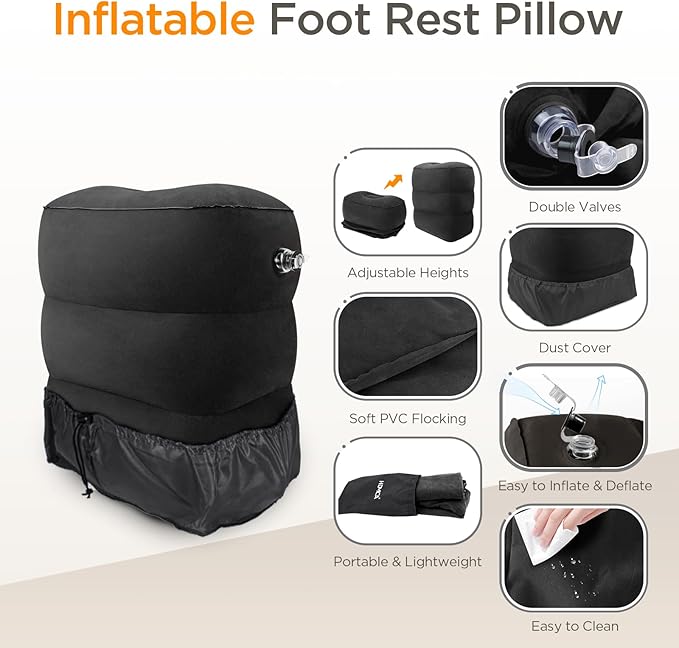 HOMCA Inflatable Travel Foot Rest Pillow (2-Pack) Adjustable Height Leg Pillow Fast Inflating Airplane Bed for Toddlers Footrest Pillow for Office, Airplane, Train, Cars, Home (Black)