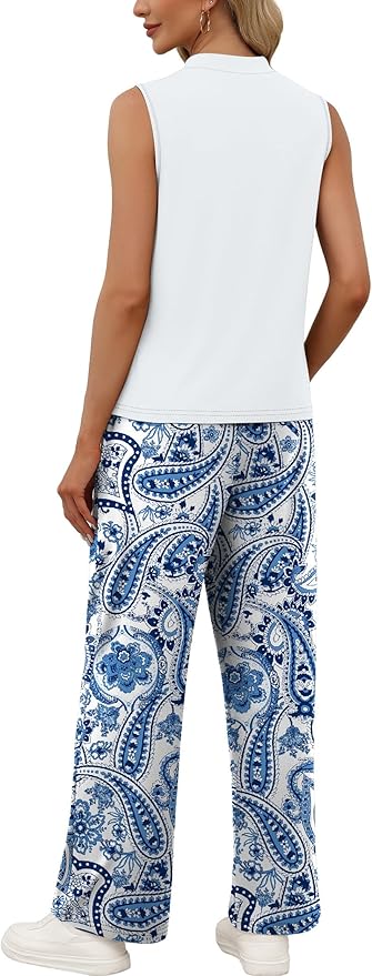 WIHOLL Two Piece Set for Women Summer Spring Outfits Cruise Travel Airport Beach Vacation Mock Neck Wide Leg Pants Set