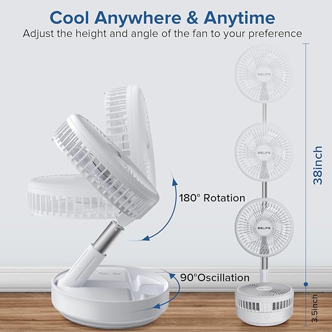 Belife X8 Portable Fan, Cordless 7200mAh Battery Operated Oscillating Fan, USB Rechargeable Desk Floor Fan with Remote, Foldable Telescopic Fan for Home Bedroom Sleeping Office Camping Travel (White)