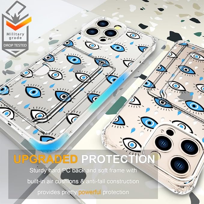 Compatible with iPhone 16 Pro Case Card Holder for Women Cute Design,Wallet Phone Cases Transparent Cool Kawaii Protective (Clear Blue Evil Eyes)