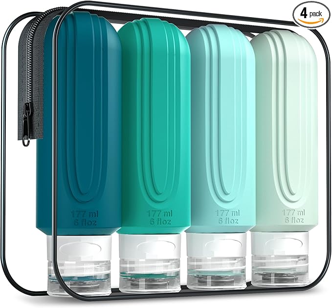 Mrsdry Travel Bottles for Toiletries, Large 6oz Oversize Containers, BPA Free Leak Proof Tubs Refillable Liquid Traveler Accessories with Toiletry Bag for Cometic Shampoo and Lotion Soap (4 Pack)