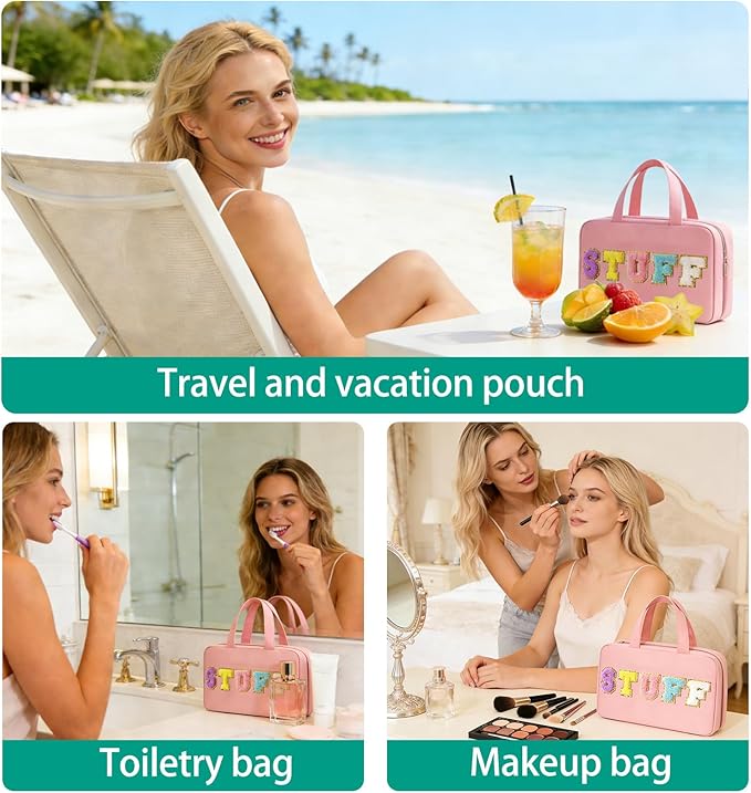 Toiletry Bag for Women Chenille Letter Makeup Bag Water-resistant Cosmetic Bag Travel Bag with Hanging Hook Preppy for Store Toiletries Cosmetic Accessories Medium Light Pink