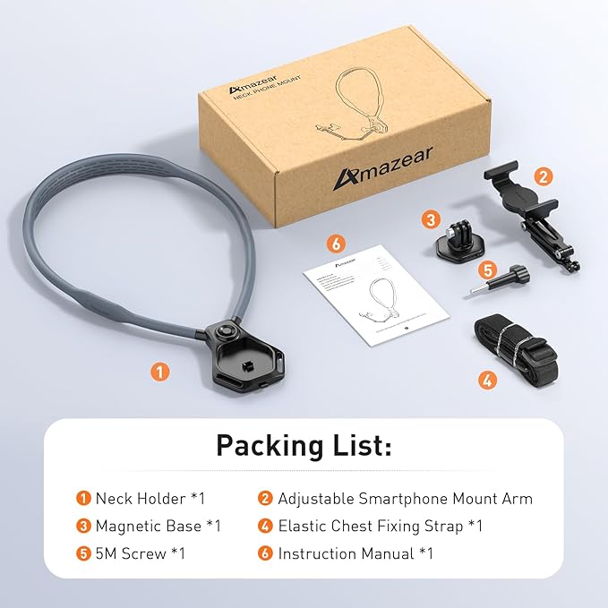 AMAZEAR Hands-Free Neck Mount for Phone & Action Camera - Adjustable Neckband Holder for iPhone, Android, POV Vlog Recording with Secure QR Magnetic Base, Elastic Anti-Shake Chest Strap
