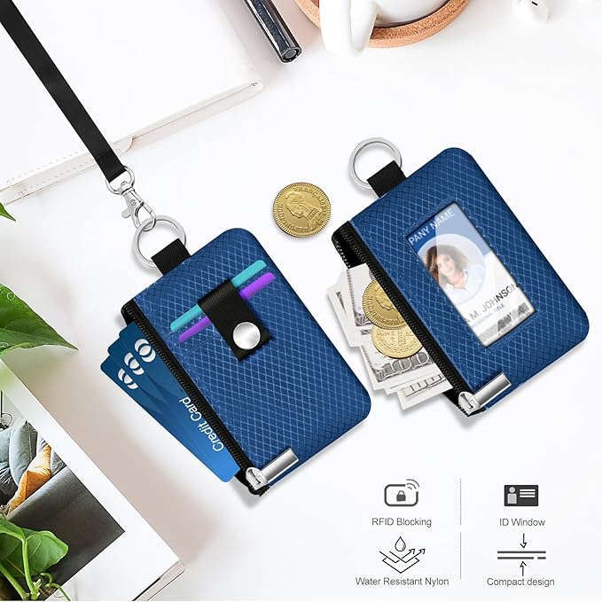 Minimalist RFID Blocking Small Wallet with ID Window,WaterResistant Zip Id Case Wallet with Lanyard Keychain for Cards,Cash,Travel,Women,Men (Electric Blue)