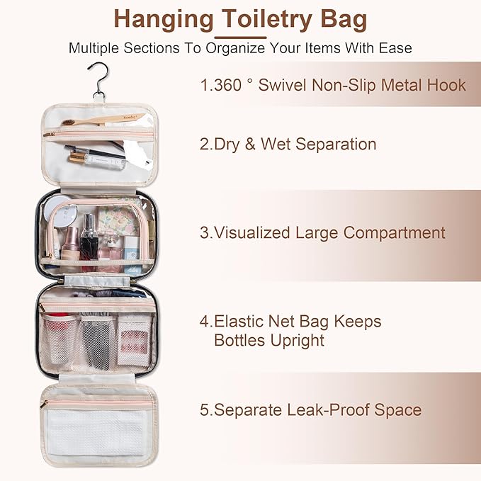 MODENGKONGJIAN Travel Toiletry Bag - Hanging Toiletry Bag for Women, Waterproof Makeup Cosmetic Bag Travel Organizer for Accessories, Shampoo, Full-size Container, Toiletries (Beige)