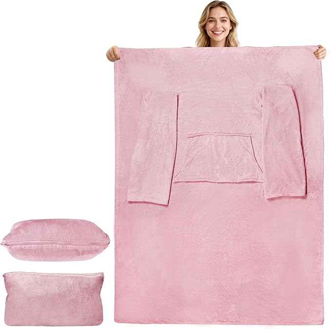 Catalonia Packable Travel Wearable Blanket Pillow with Sleeves for Adults, 2 in 1 Wearable Blanket with Pockets