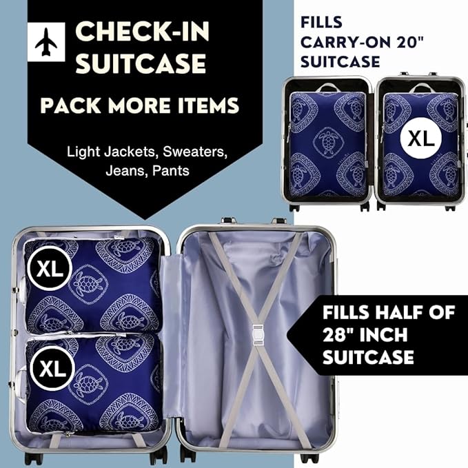Extra Large Compression Packing Cubes for Checked Luggage, Lightweight Suitcase Organizers & Space Saver Bags - Travel Cubes for Packing - Travel Essentials - 2 Piece Set, Size XL - Blue Turtle