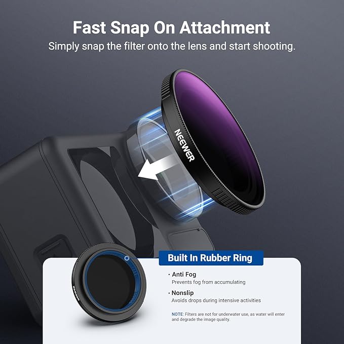 NEEWER Variable ND Filter Compatible with DJI Osmo Action 5 Pro/4/3, ND64-256 6-8 Stops Snap On Multicoated HD Optical Glass Neutral Density Action Camera Lens Filter Accessories